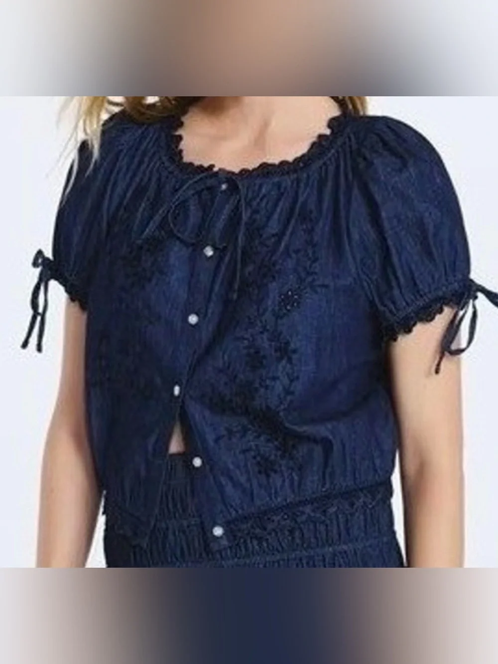 Free Assembly Embroidered Dark Wash Denim, Short Puff Sleeves Cropped Top-Small - Picture 5 of 6